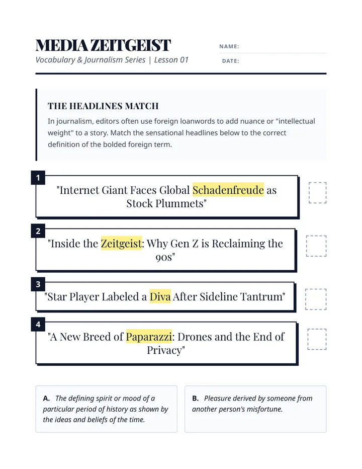 Headlines Match Worksheet