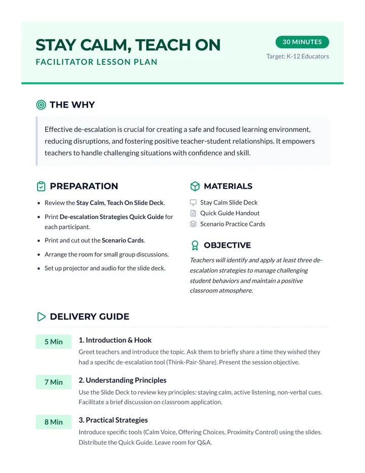 Stay Calm Lesson Plan Handout