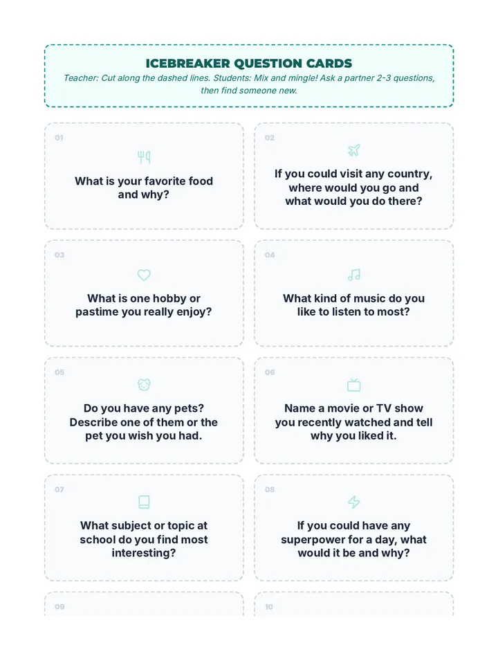 Icebreaker Question Cards Warm Up