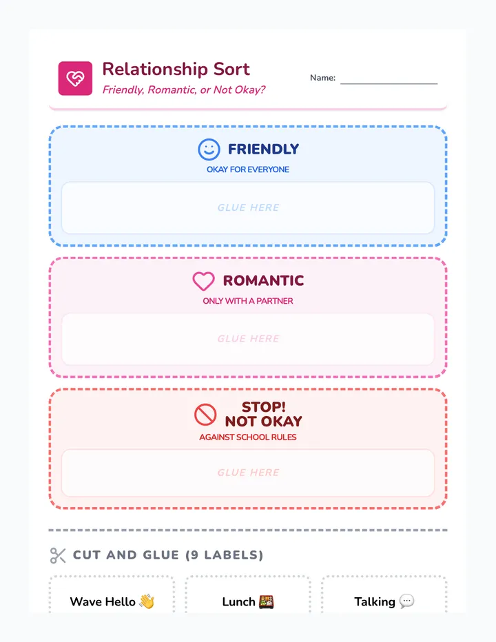 Relationship Action Sort Worksheet Simplified