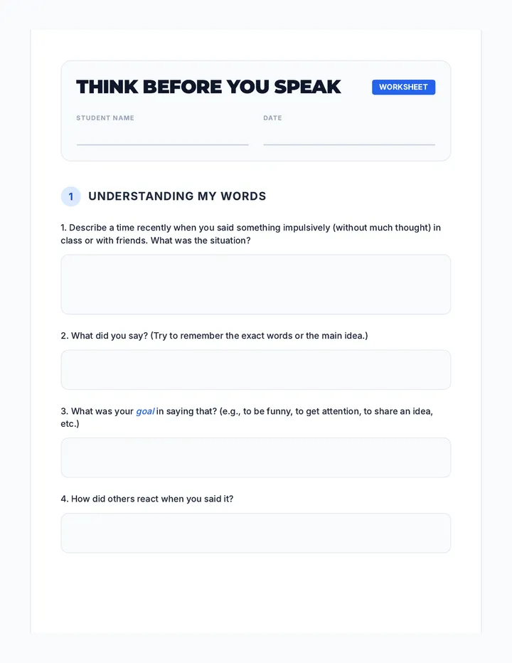 Think Before You Speak Reflection Worksheet