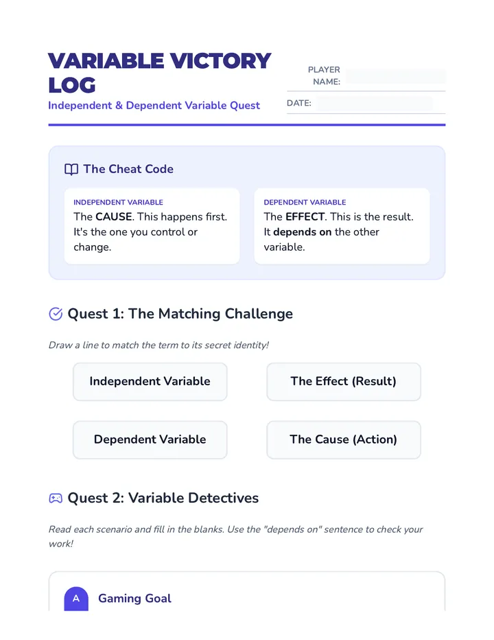 Variable Victory Log Worksheet