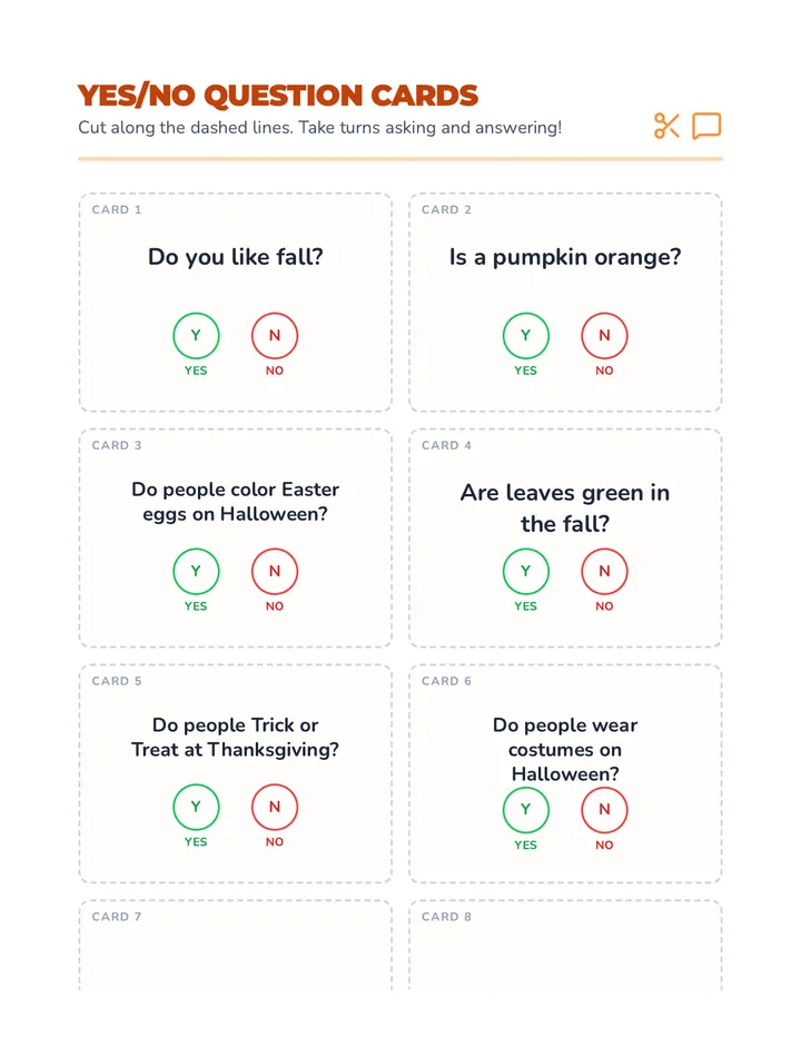 Yes No Question Cards Worksheet