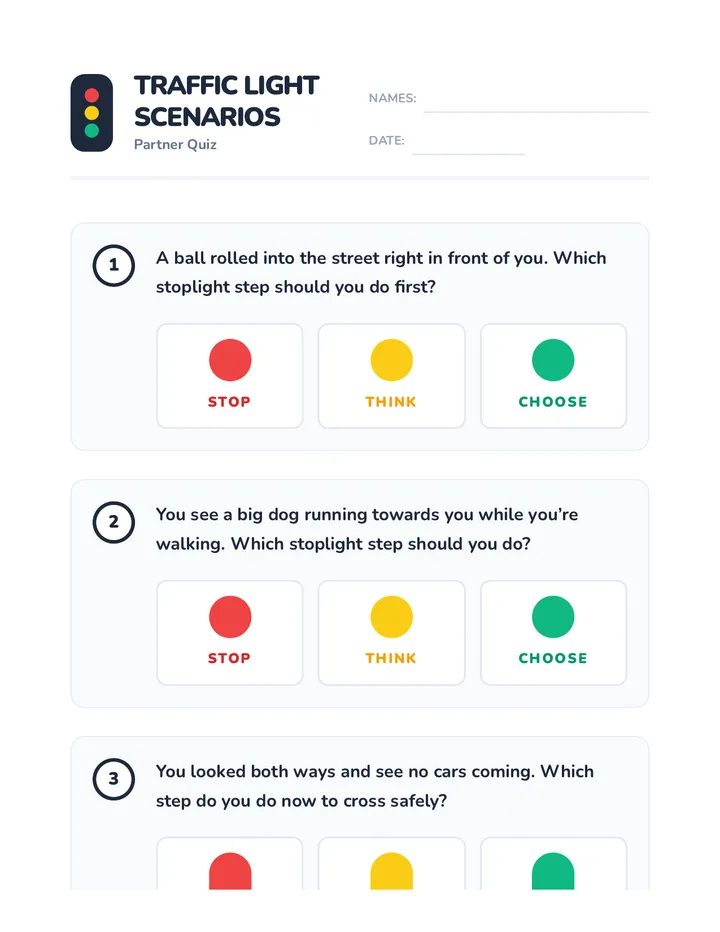 Traffic Light Scenarios Quiz Worksheet