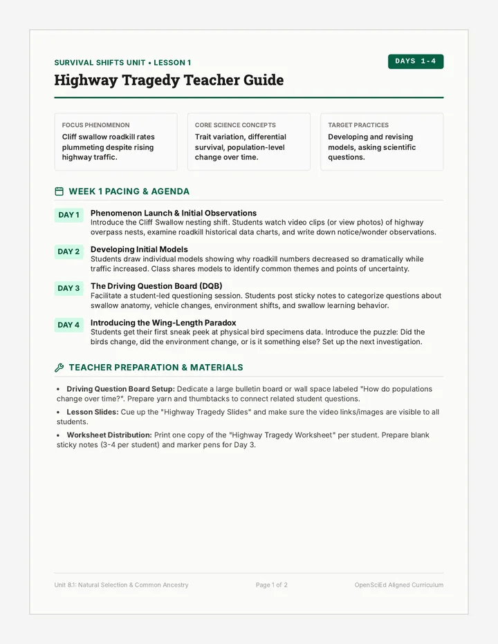 Highway Tragedy Teacher Guide