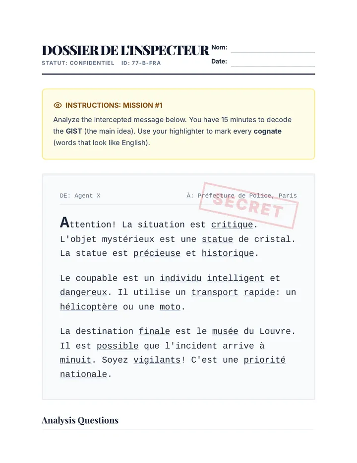 Cognate Clues Worksheet