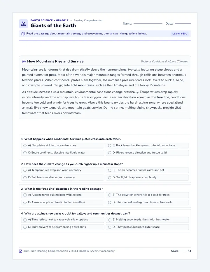 Towering Peaks Reading Worksheet