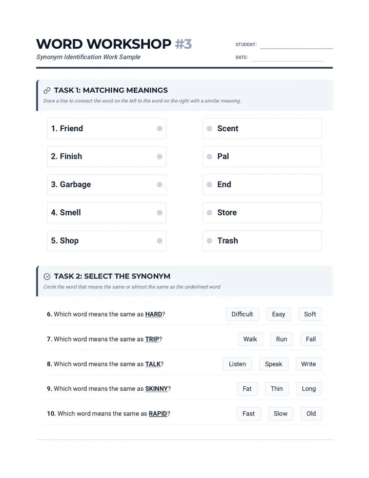 Synonym Sample 3 Worksheet