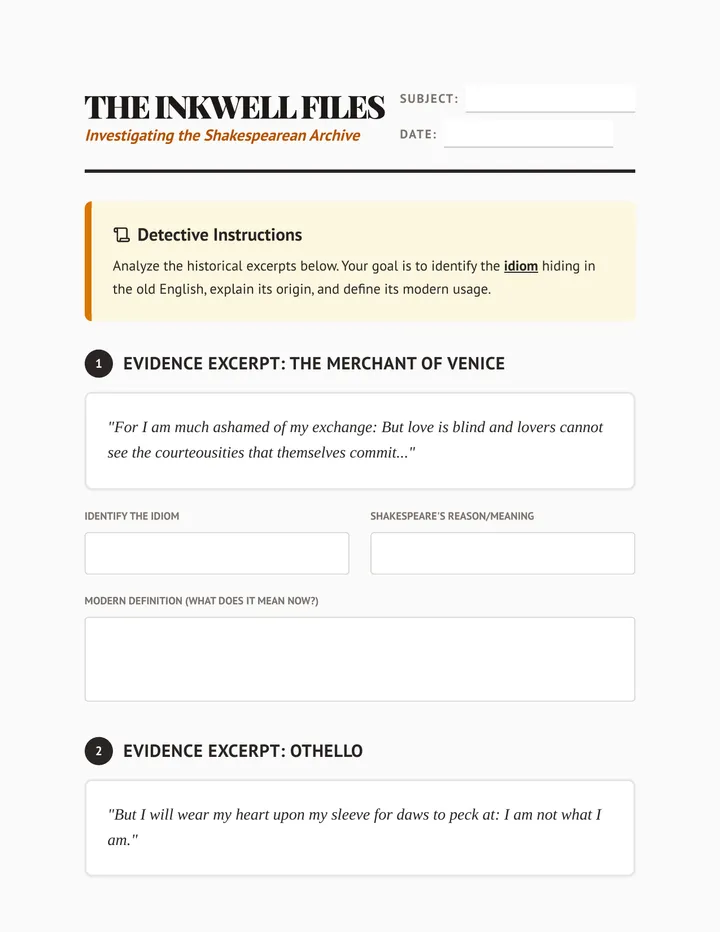 Shakespeares Inkwell Worksheet