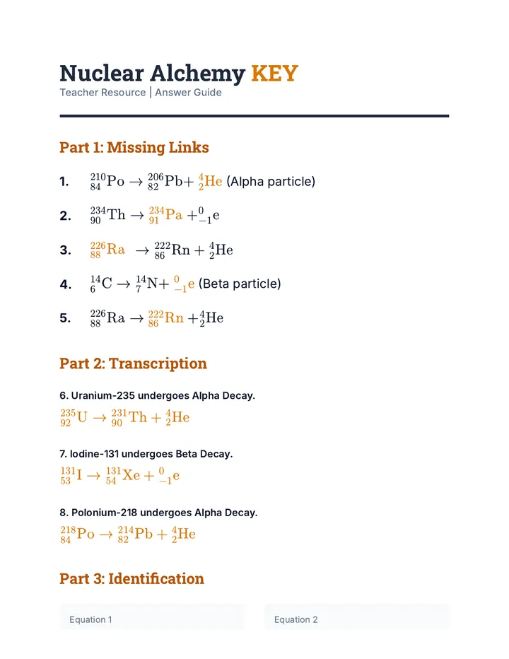 Nuclear Alchemy Answer Key