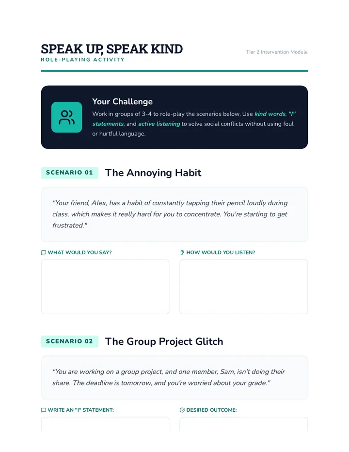 Speak Up Speak Kind Activity Worksheet