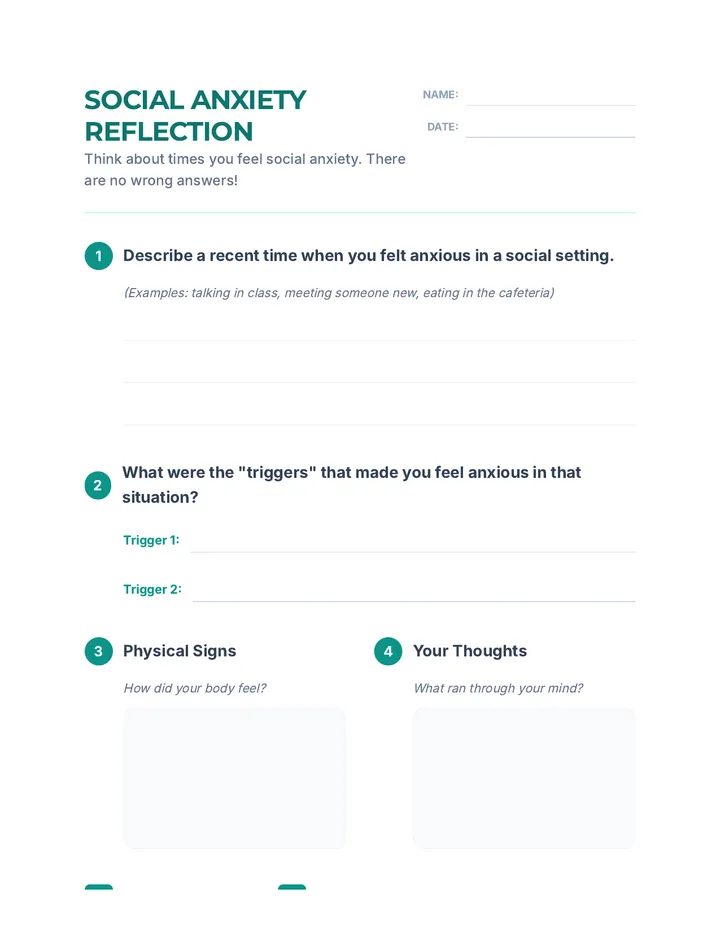 Social Anxiety Reflection Worksheet