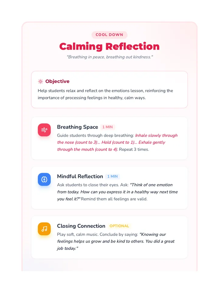 Calming Reflection Cool Down Activity