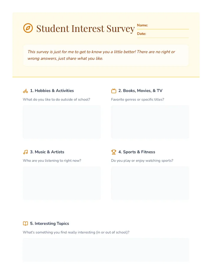 Student Interest Survey Worksheet