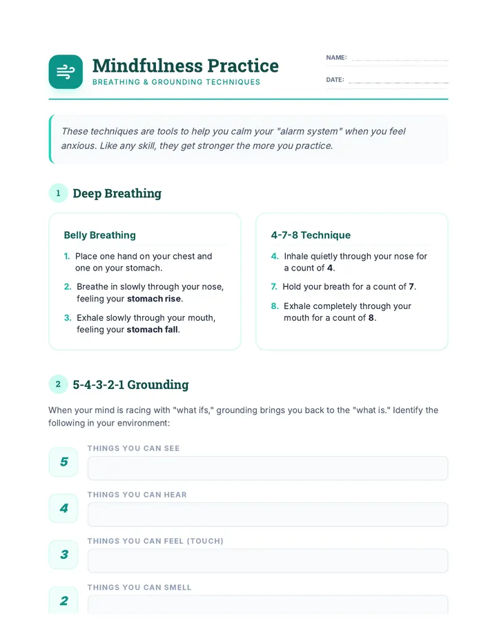 Calm Currents Mindfulness Worksheet