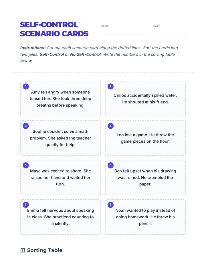 Self Control Scenario Cards Worksheet