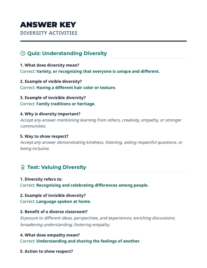 Diversity Activities Answer Key