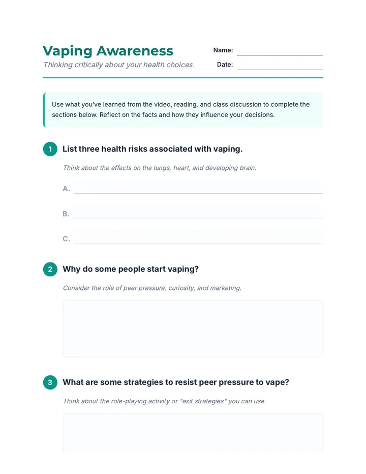 Vaping Awareness Worksheet