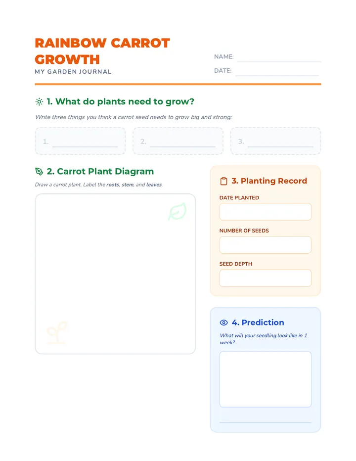 Rainbow Carrot Growth Worksheet Material