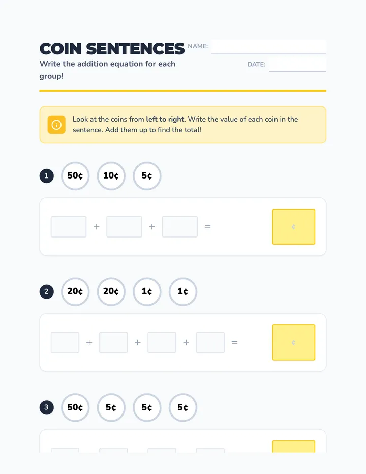 Coin Sentences Worksheet