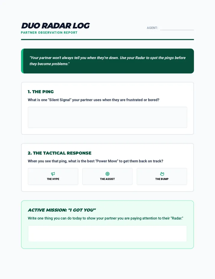 Duo Radar Log Sheet