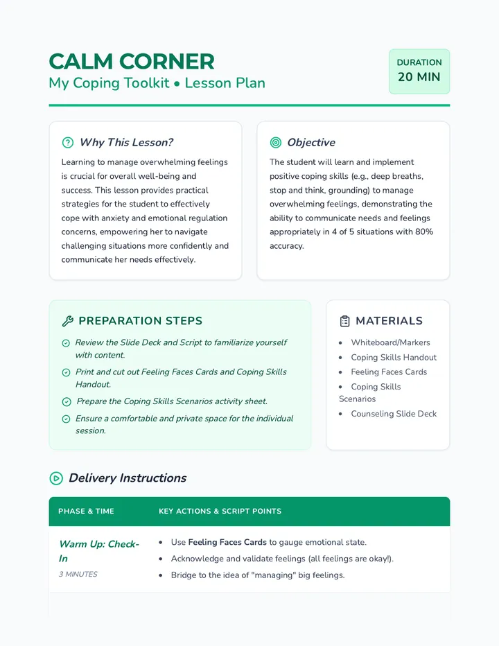 Calm Corner Lesson Plan
