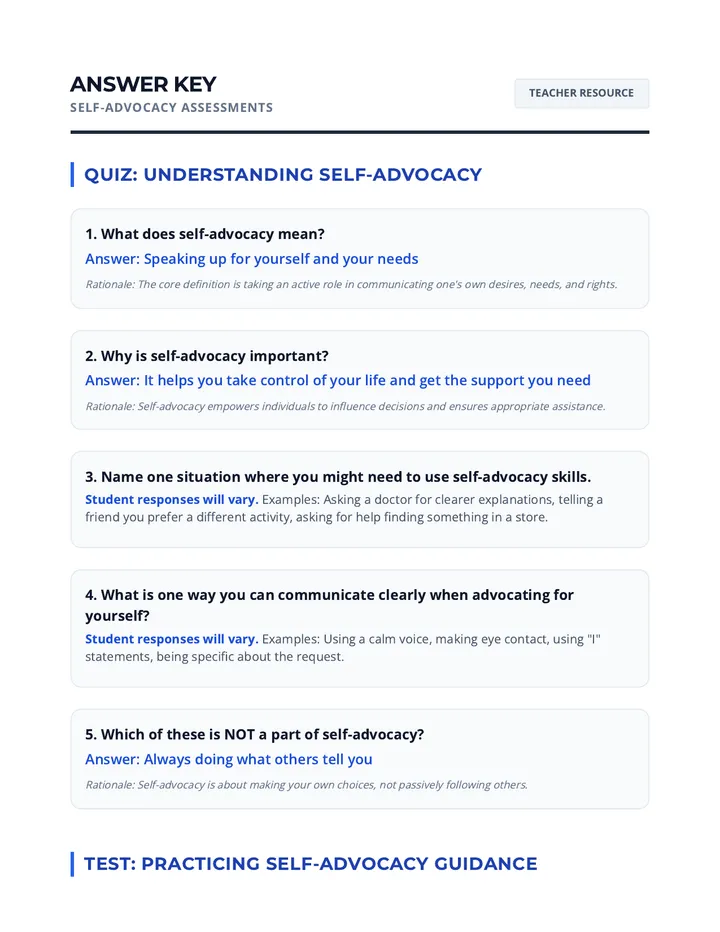 Self Advocacy Answer Key Resource
