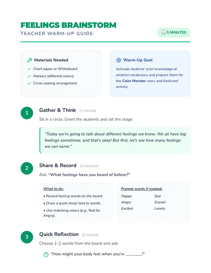 Feelings Brainstorm Warm Up Guide