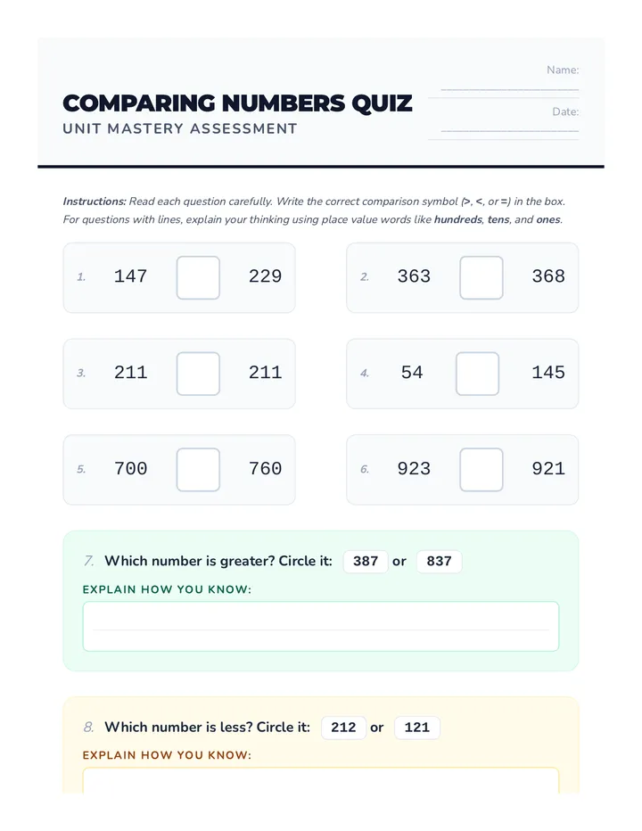 Comparing Numbers Quiz