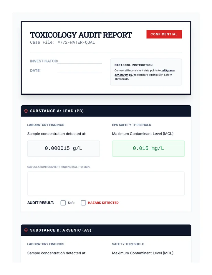 Water Toxicity Report Worksheet