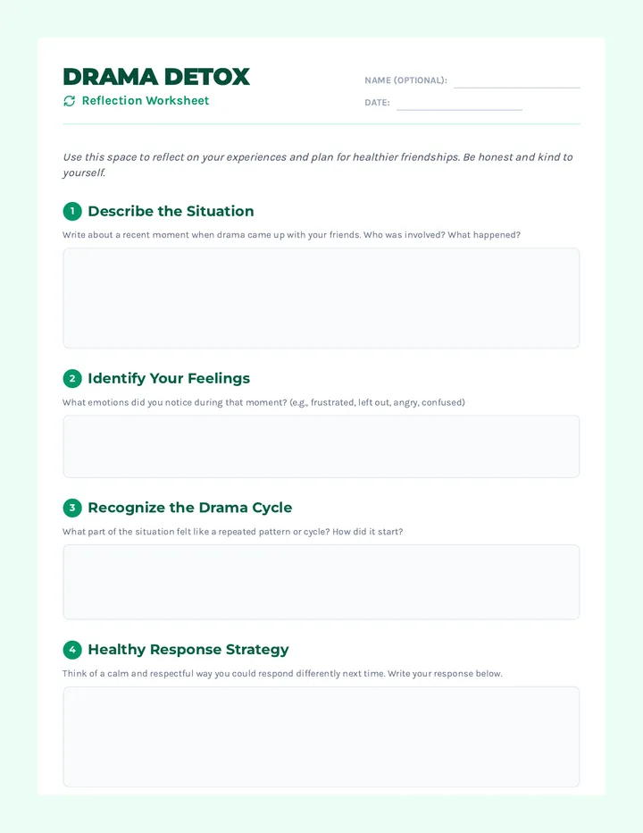 Drama Detox Reflection Worksheet Document