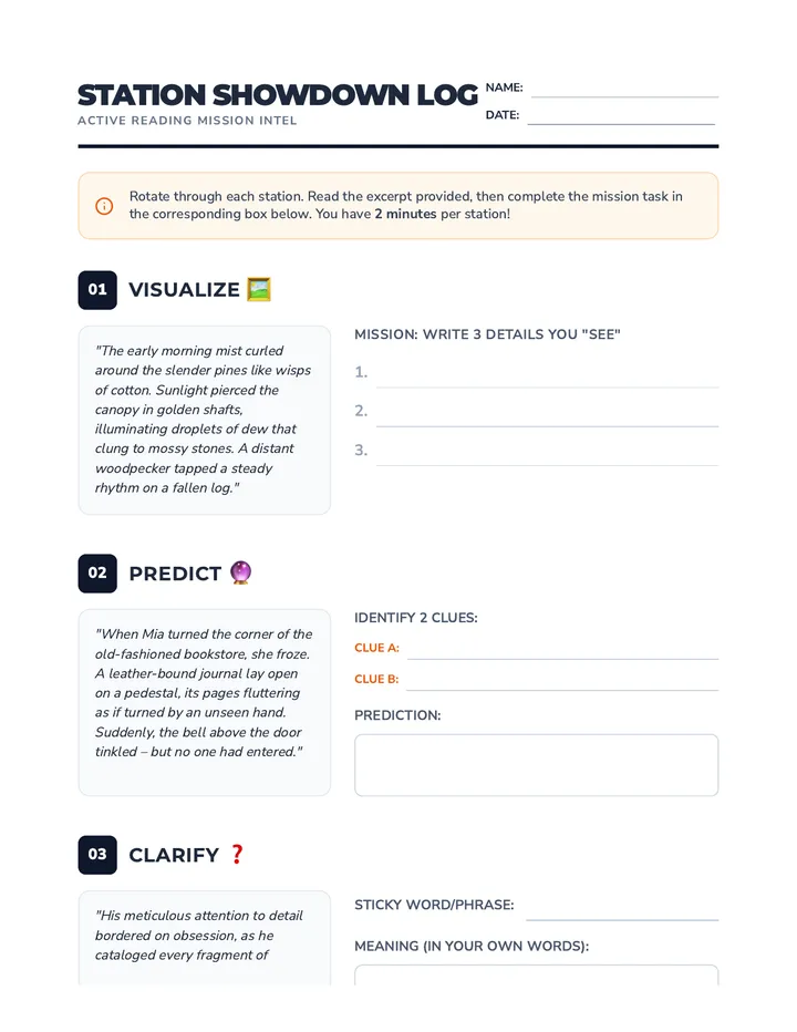 Station Showdown Sheets Worksheet