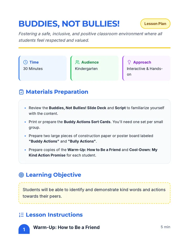 Buddies Not Bullies Lesson Plan