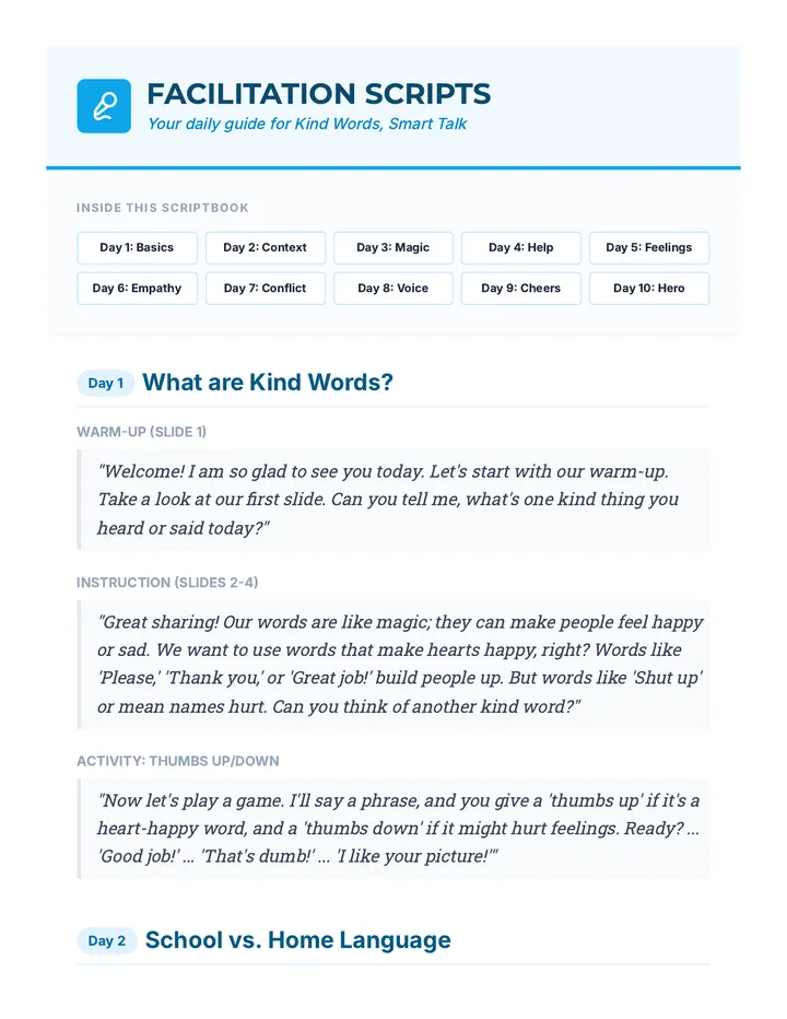 Kind Words Smart Talk Facilitation Scripts Guide