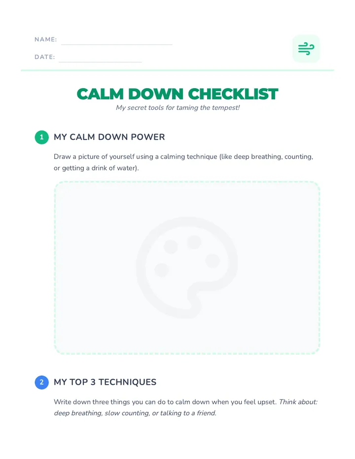 Calm Down Checklist Worksheet
