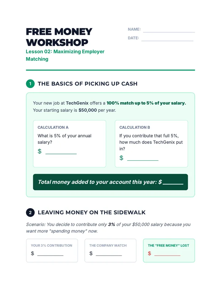 Free Money Workshop Worksheet