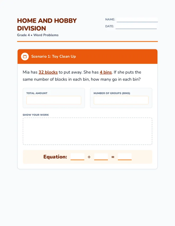 Home Hobby Division Worksheet