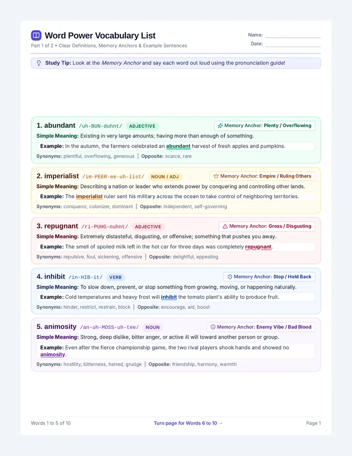 Word Power Vocabulary List