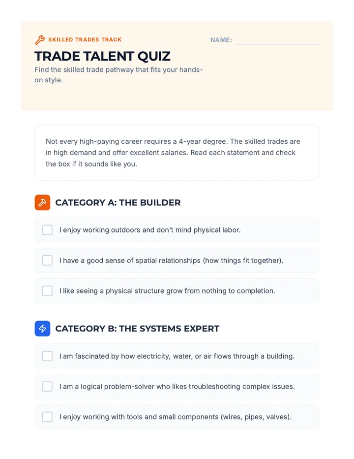 Trade Talent Quiz Worksheet
