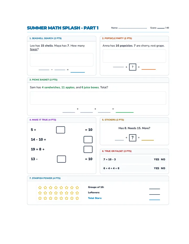 Summer Math Splash Condensed Worksheet