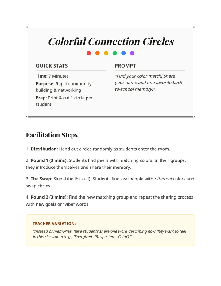 Colorful Connection Circles Warm-up Activity Sheet