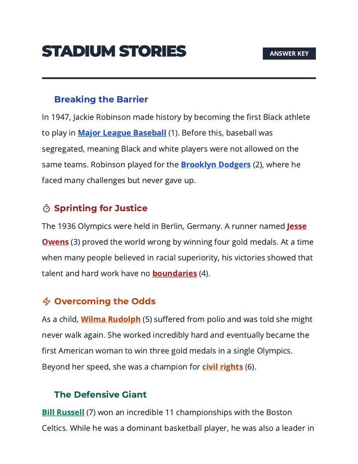 Stadium Stories Answer Key