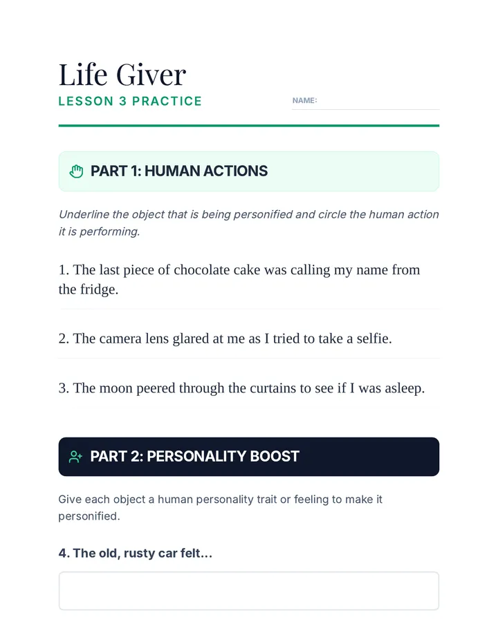 Personification Path Worksheet
