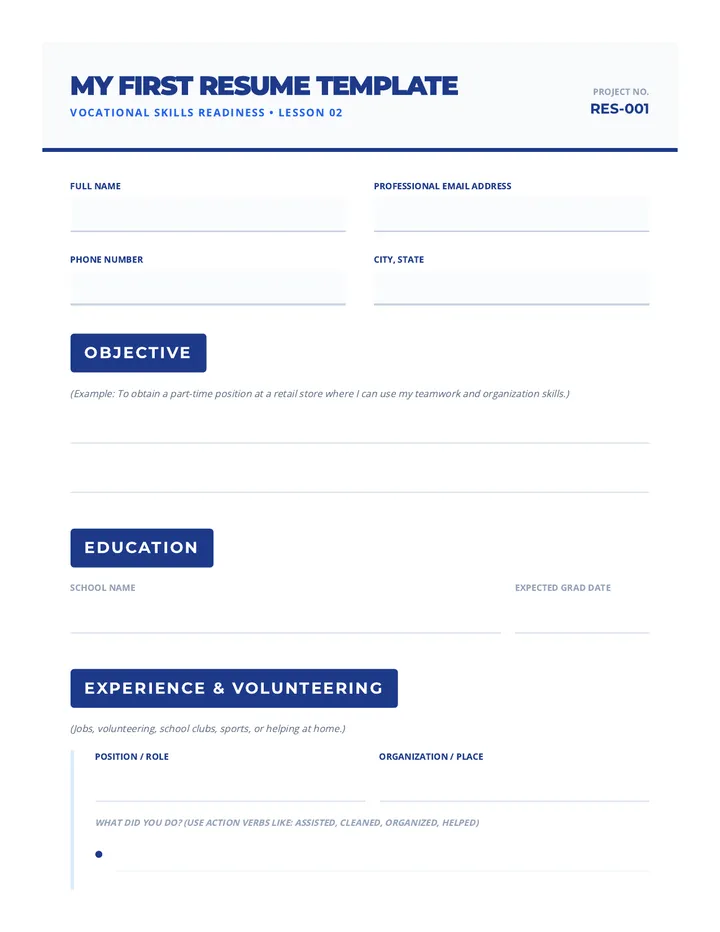 Resume Template Worksheet
