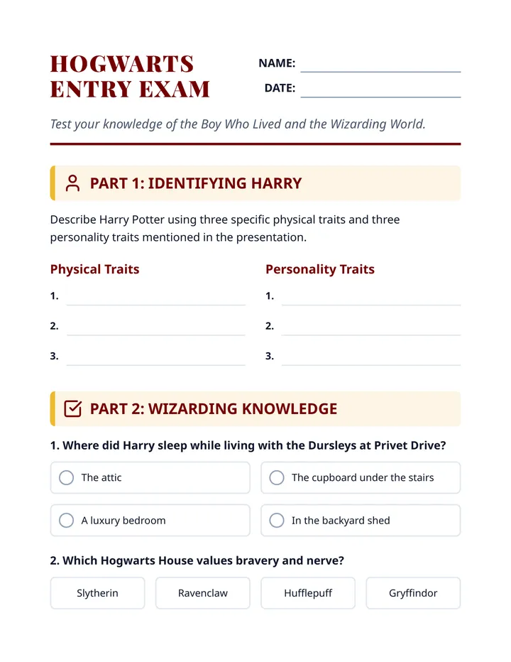 Wizarding Entry Exam Worksheet