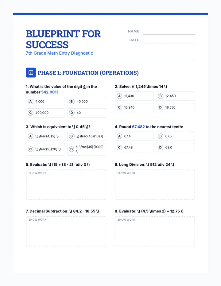 Blueprint Math Assessment Worksheet