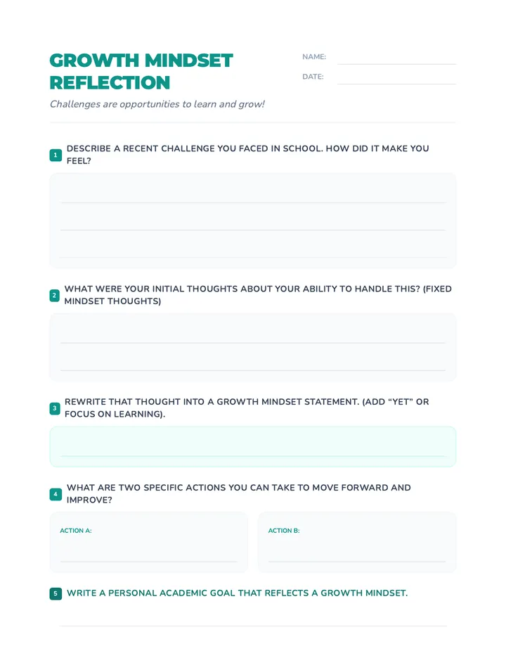 Growth Mindset Reflection Worksheet