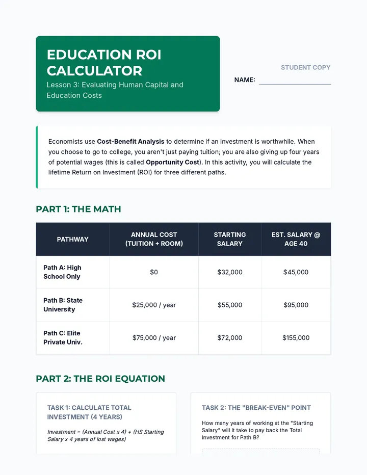 Education ROI Calculator Sheet