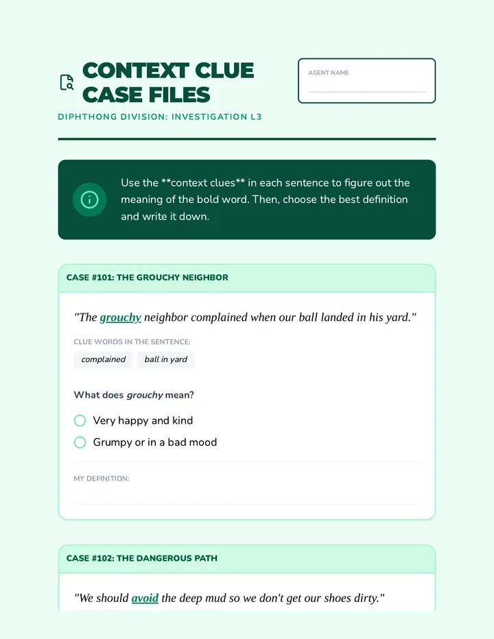 Context Clue Case Files Worksheet