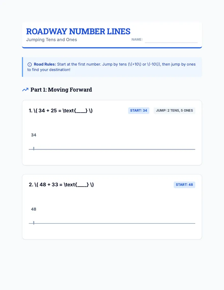 Number Line Roadway Worksheet